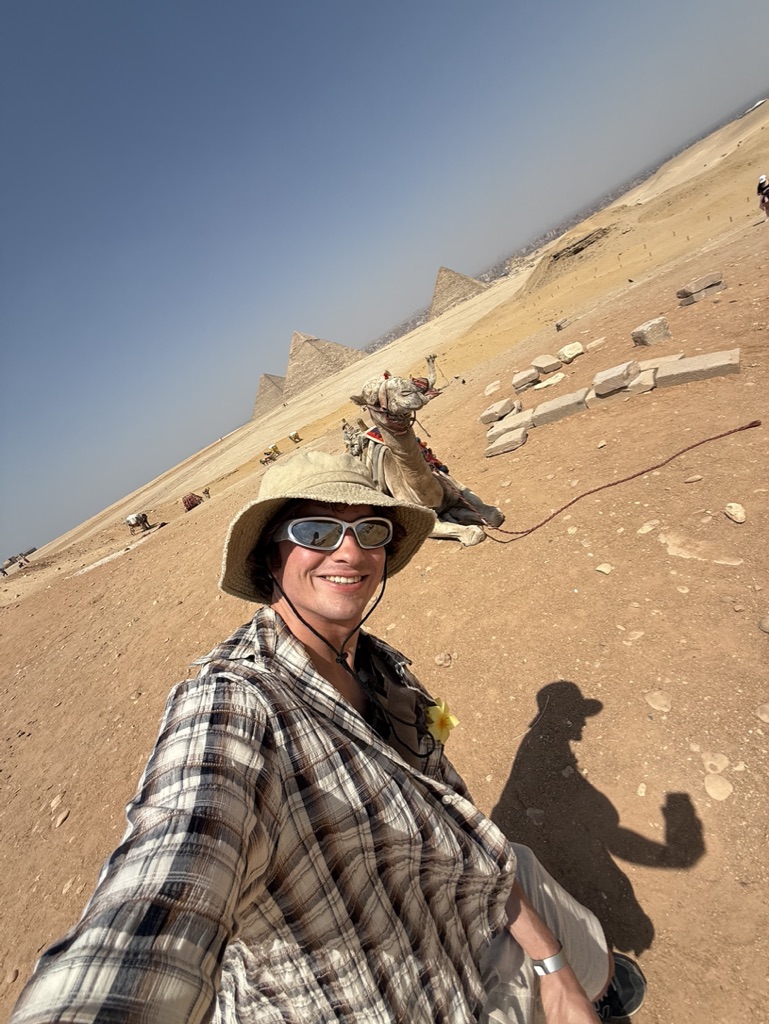 Ed on a camel ride at the pyramids